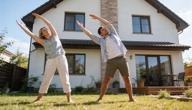 Couple stretching together in backyard garden outside two-story home barefoot routine