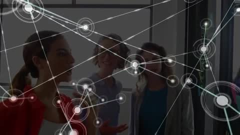 Female Team Collaboration with Digital Connection Overlay