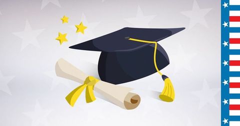Graduation Cap and Diploma Over Patriotic Background with Stars