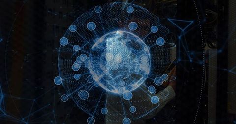 IT Engineer Analyzing Digital Globe in Futuristic Data Center