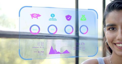Woman Using Virtual Financial Interface by Window for Business Metrics