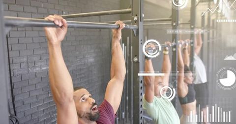 Group performing pull ups with wearable trackers and digital fitness HUD overlay