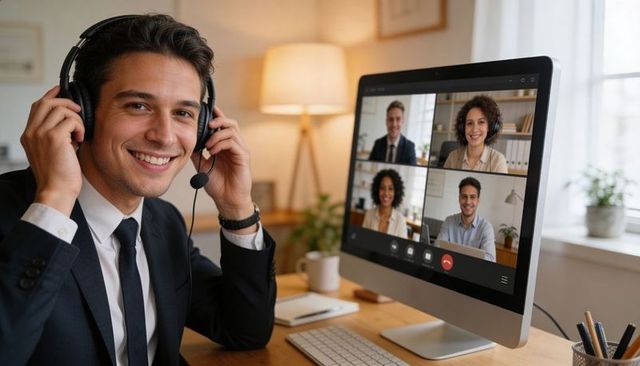 Smiling professional joining virtual meeting from modern home office headset monitor