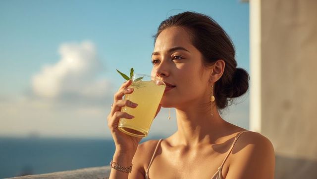 Sunset balcony sipping: woman enjoying lemon mocktail with ocean view and gold jewelry