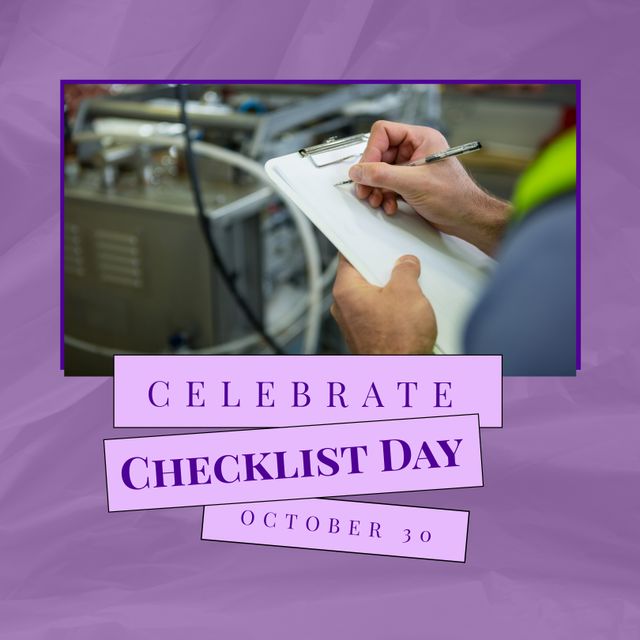 Image depicting a Caucasian worker writing on a clipboard in a work environment, highlighting the importance of organization and thoroughness in tasks. Useful for promoting Checklist Day events, organizational planning materials, workplace safety reminders, and celebrating the effectiveness of checklist usage in various professional settings.