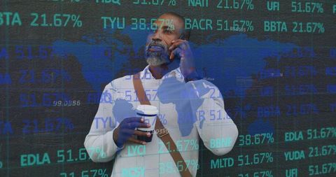 Businessman Analyzing Stock Market with Coffee and Phone