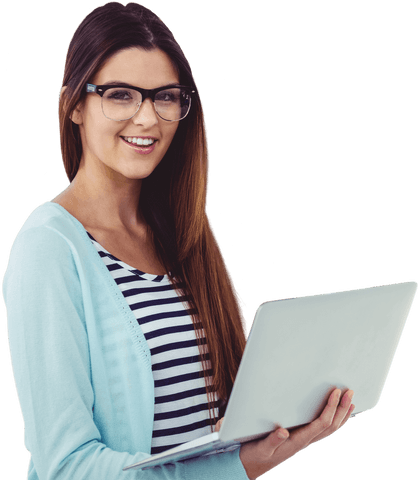 Smiling woman with glasses using laptop on transparent background