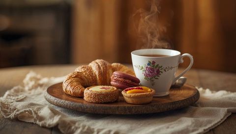 Cozy morning tea and pastry platter with croissant, macaron and vintage floral teacup