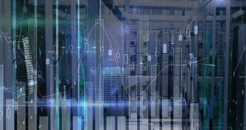 Technicians monitoring server racks as candlestick charts and analytics overlay data center