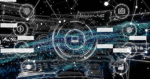 Rotating Concentric Cyber HUD with Laptop Icon, Neon Data Stream and Network Badges