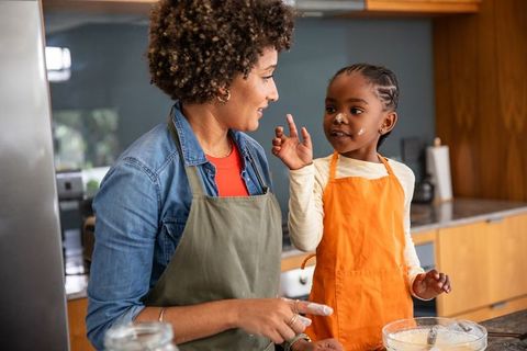 Mother and Daughter Bonding Over Baking in Kitchen