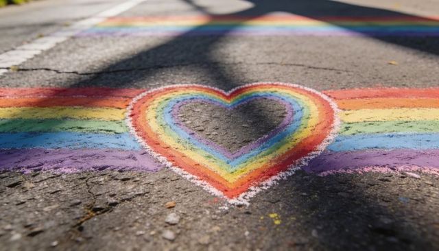 Rainbow chalk heart spanning asphalt lane with colorful concentric stripes and tree shadows