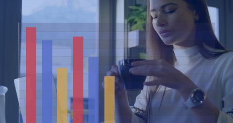 Businesswoman Analyzing Data with Laptop and Bar Graph Overlay