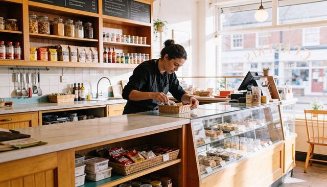 Barista arranging pastries on marble counter in sunlit rustic cafe with wooden shelving