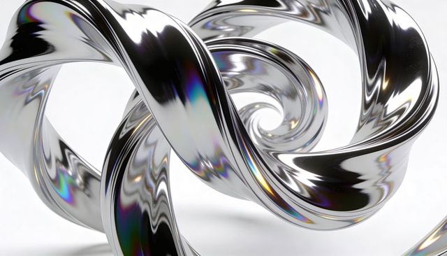 Chromed twisting torus ribbon with iridescent reflections and high gloss specular highlights