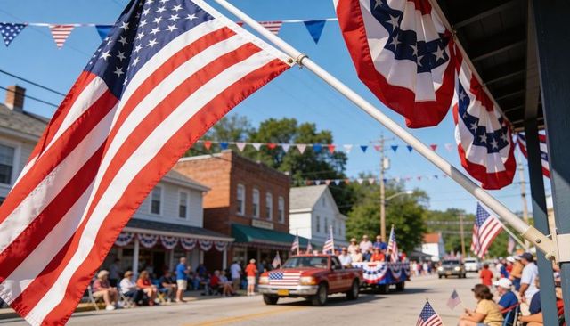 Waving american flag over small town main street during fourth of july parade