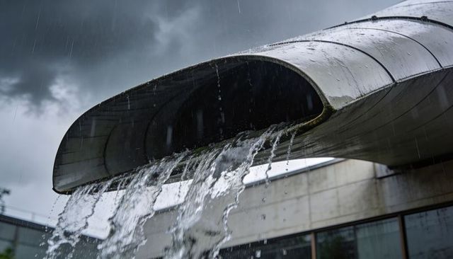 Curved metal spout pouring continuous waterfall over concrete facade during storm