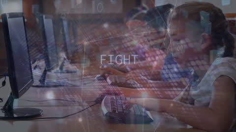 Children in Classroom Using Computers Overlayed With Digital Connections
