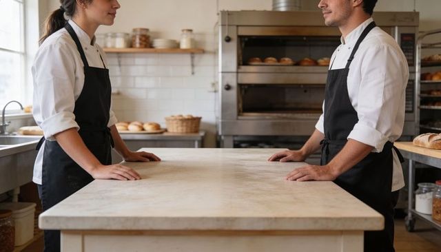Bakers preparing dough on marble counter in sunlit commercial bakery kitchen collaborating