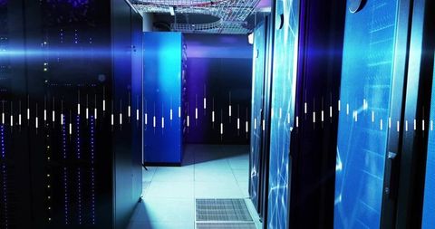 Glowing Blue Purple Server Rack Aisle in Data Center with Vented Floor and Network Cabling