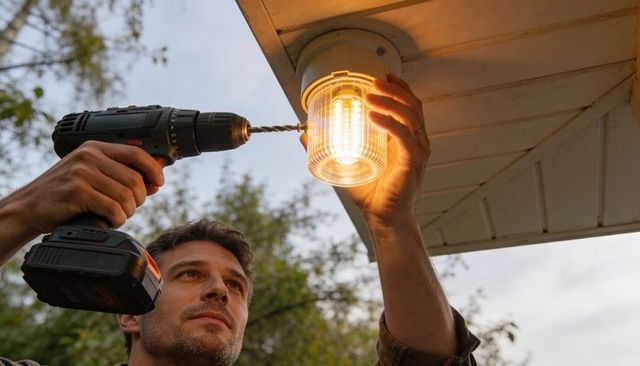 Man installing porch light at dusk with cordless drill diy home repair exterior lighting