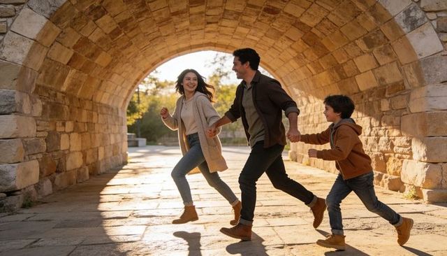 Family running hand-in-hand under sunlit stone archway during autumn walk