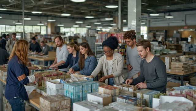 Volunteers packing products on warehouse tables collaborating in busy fulfillment center