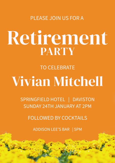 Vibrant retirement party invitation features a bold orange background with a floral design. Suitable for celebrating a retiree's milestone event. Ideal for digital or print notifications for friends, family, or colleagues. Perfect for designing event posters or social media announcements.