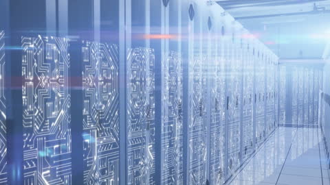 Futuristic Data Center with Digital Circuit Overlay Visuals