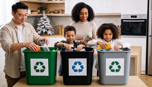 Multicultural family sorting recycling at kitchen island with green black gray bins