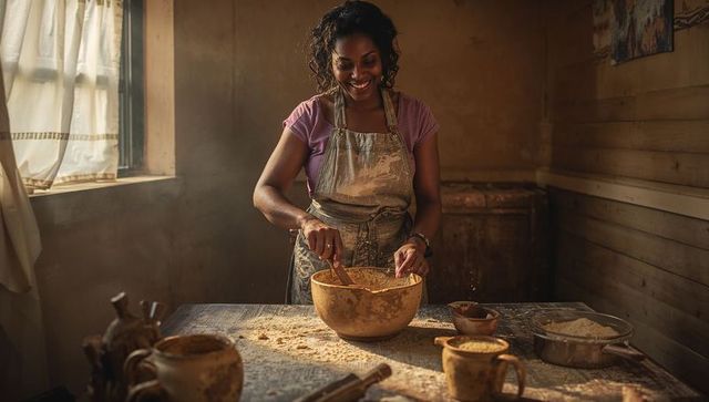 Smiling woman mixing artisan dough in sunlit rustic kitchen with wooden bowl and flour-dusted apron