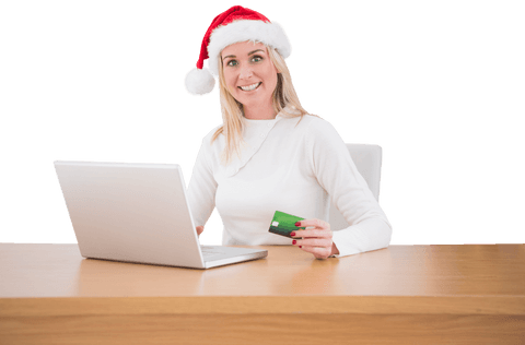Smiling Caucasian Woman Online Christmas Shopping on Laptop, Transparent Background