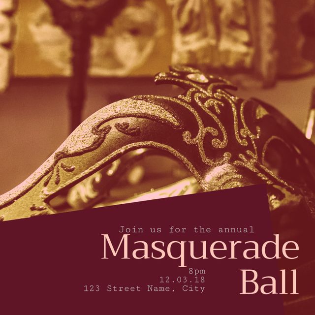 Elegant Masquerade Ball Invitation with Intricate Gold Mask - Download Free Stock Templates Pikwizard.com