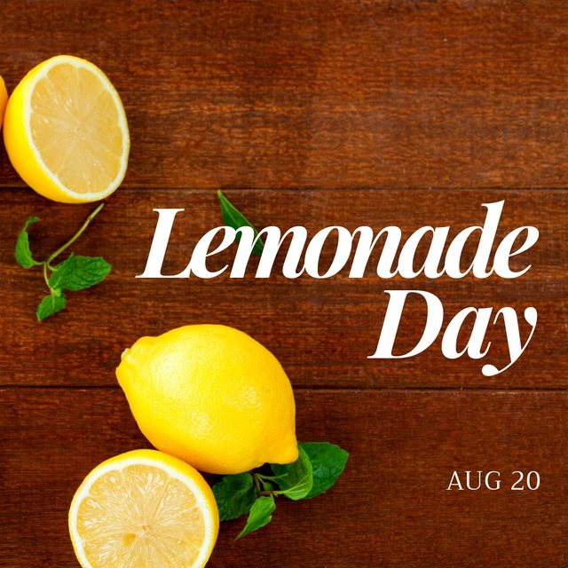 Ideal for promoting Lemonade Day events or summer drink specials. Use in social media posts, event flyers, or menus to highlight the fresh and invigorating qualities of lemonade. The vibrant lemons and fresh mint against a wooden surface evoke summer vibes and natural flavors.
