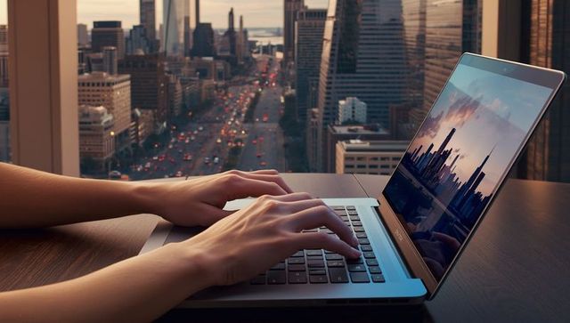 Professional Working on Laptop in Modern Office Overlooking City