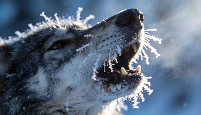 Gray wolf howling with frosted whiskers and backlit breath in winter close-up