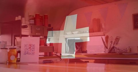 Modern Coffee Kiosk with QR Code and Branding Elements