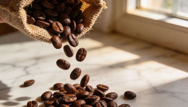 Sunlit coffee beans pouring from burlap sack onto marble countertop