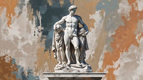 Classical marble statue with artistic backdrop