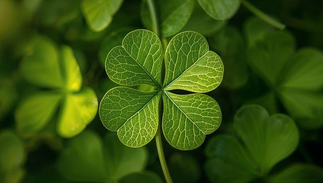 Close-up four-leaf clover with intricate veins glowing green macro for luck branding