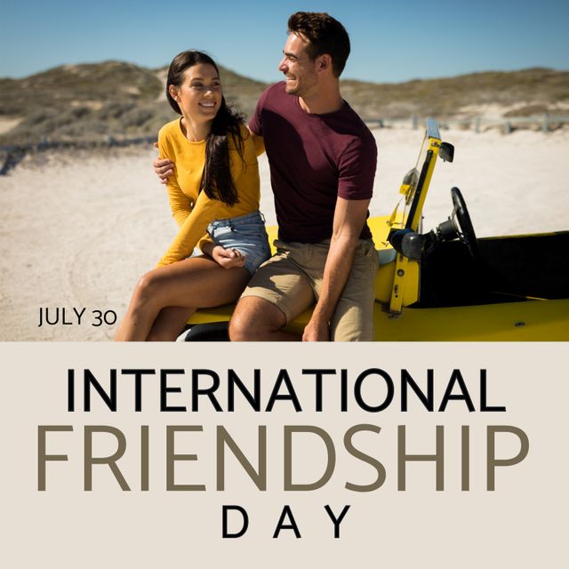 International friendship day text with happy caucasian couple embracing on sunny beach. Celebration of friendship, appreciation campaign digitally generated image.