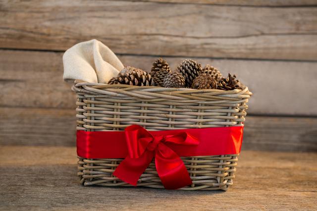 Wicker basket filled with pine cones and tied with a red ribbon, placed on a wooden surface. Ideal for use in holiday decor, Christmas promotions, festive greeting cards, and seasonal advertisements. The rustic and natural elements create a cozy and warm atmosphere, perfect for winter and holiday-themed projects.