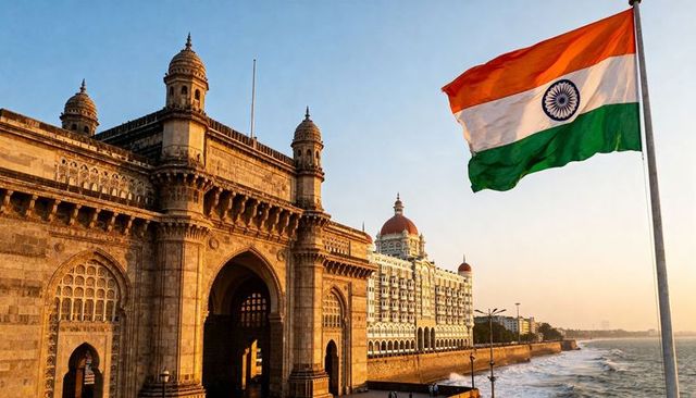 Gateway of india, taj mahal palace hotel at sunset, indian flag flying over mumbai coast