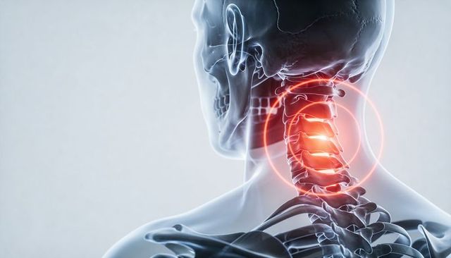 Translucent skull and cervical spine with glowing red pain rings highlighting neck pain
