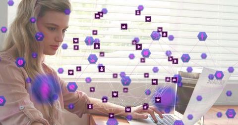 Tech-Savvy Woman Working Remotely with Digital Icons and Laptop