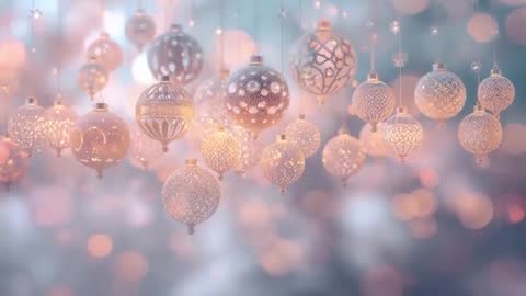 Ornate Golden Baubles Swaying in Slow Motion with Filigree Lights and Soft Bokeh