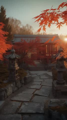 Sunrise Casting Warm Light Across Japanese Temple Garden Pathway Vertical Video
