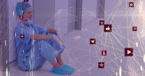 Tired female surgeon amidst digital network connections