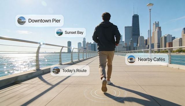 Urban jogger walking on waterfront promenade with augmented reality navigation labels hud