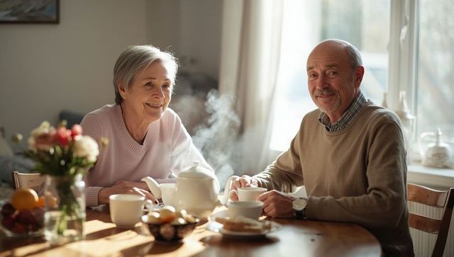 Smiling Senior Couple Having Tea at Sunlit Breakfast Table